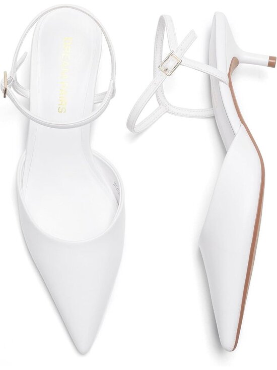 Shoes - Women's White Pointed Closed Toe Low Stiletto Pumps Comfortable Kitten Heel
